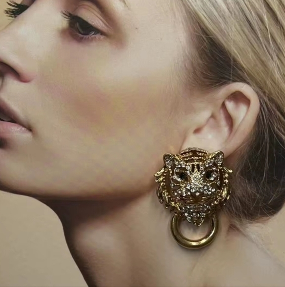 Runway Style Jeweled Tiger Earrings - Picture 4 of 4